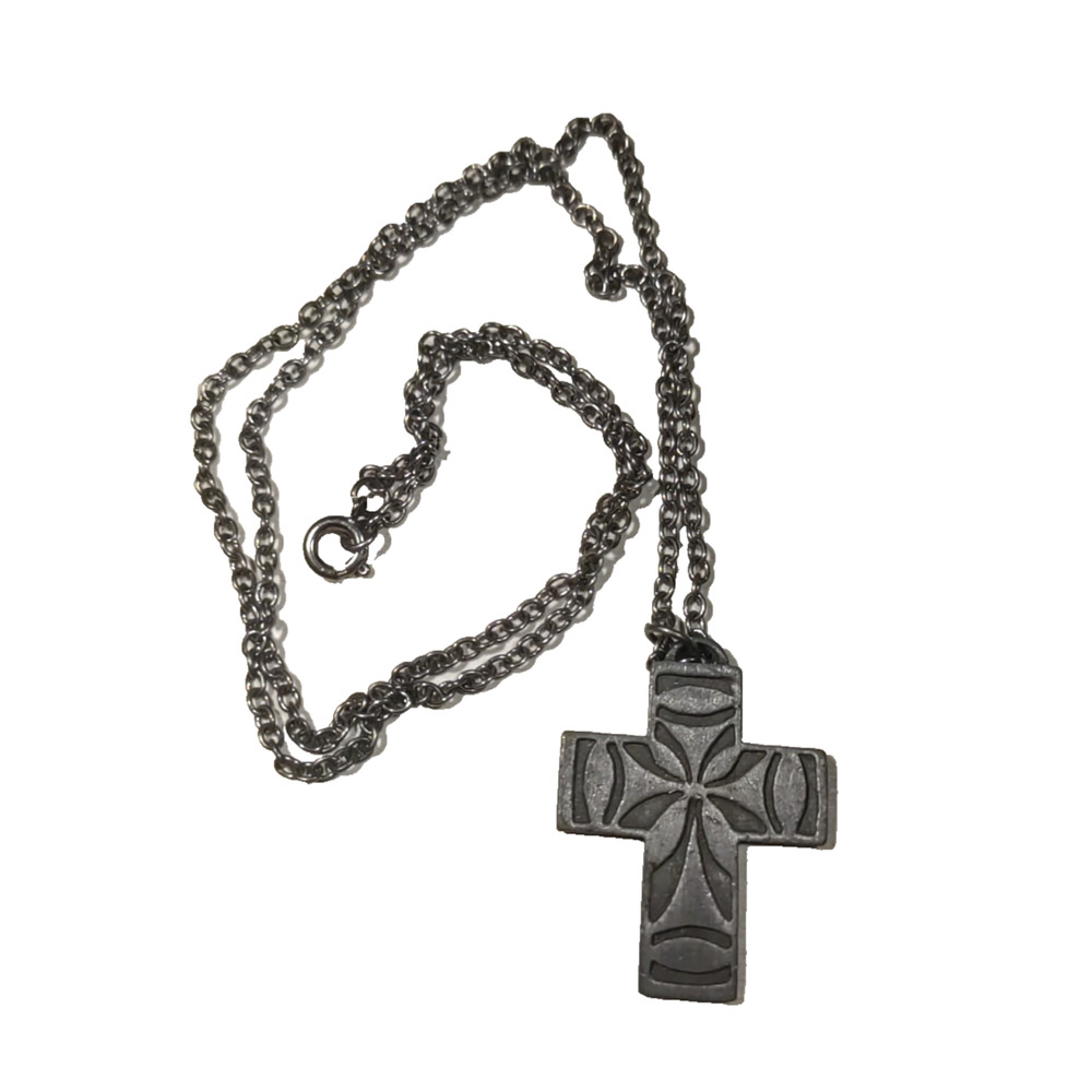 Pewter Cross Necklace 24" Chain Religious Jesus